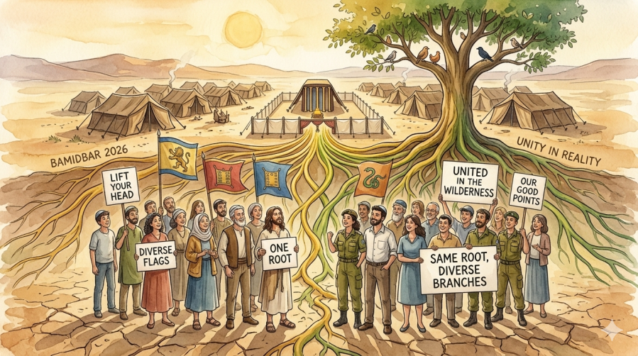 A watercolor-style illustration split between an ancient Israelite camp in the desert and a diverse group of modern people. A large tree with deep roots connects both eras, with the roots leading to a central Tabernacle. People in the foreground carry flags and signs with phrases like "Same Root, Diverse Branches," "One Root," and "Lift Your Head."