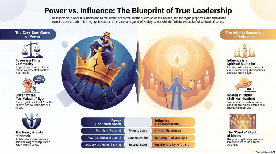 An infographic titled "Power vs. Influence: The Blueprint of True Leadership" contrasting two leadership models. The left side represents "The Zero-Sum Game of Power" (The Korach Model) with dark blue themes, featuring a king sitting on a cracked crown held by chains. The right side represents "The Infinite Expansion of Influence" (The Moses Model) with warm orange themes, featuring a robed figure holding a staff and scroll, surrounded by glowing candles. A comparison table at the bottom highlights differences in primary logic, core motivation, and internal state.