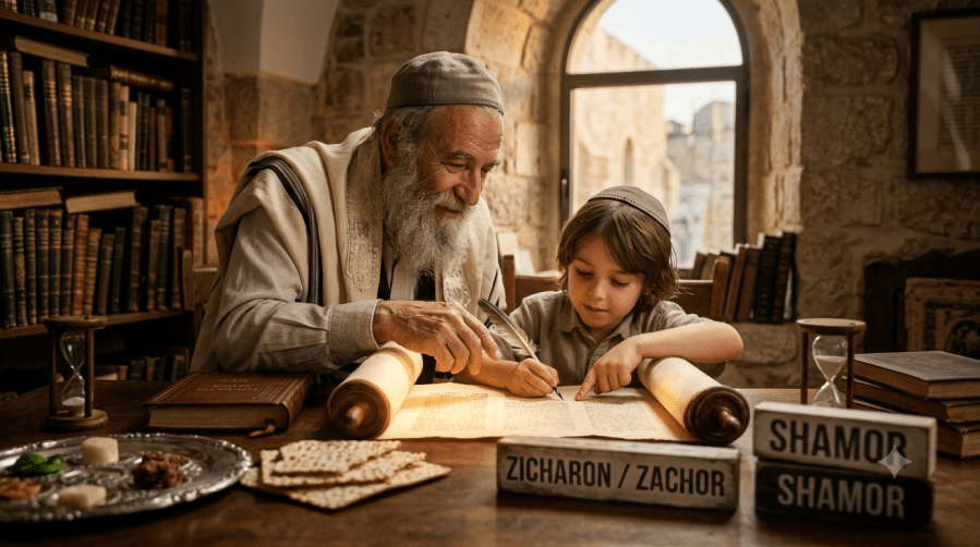 An elderly Jewish man with a beard and kippah sitting alongside a young boy in a stone-walled study, guiding him as he writes on an open parchment Torah scroll with a feather quill. On the wooden table are pieces of matzah, a traditional Seder plate, hourglasses, and wooden blocks printed with the Hebrew concepts "ZICHARON / ZACHOR" and "SHAMOR". In the background, arched windows look out onto historic Jerusalem.