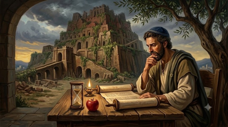 A classical-style painting of a thoughtful man wearing a kippa, sitting at a desk and studying a Torah scroll. On the desk are an hourglass, a red apple, and a lit oil lamp. In the background, through an stone arch, the dilapidated, overgrown ruins of the Tower of Babel are visible under a stormy sky at sunset.
